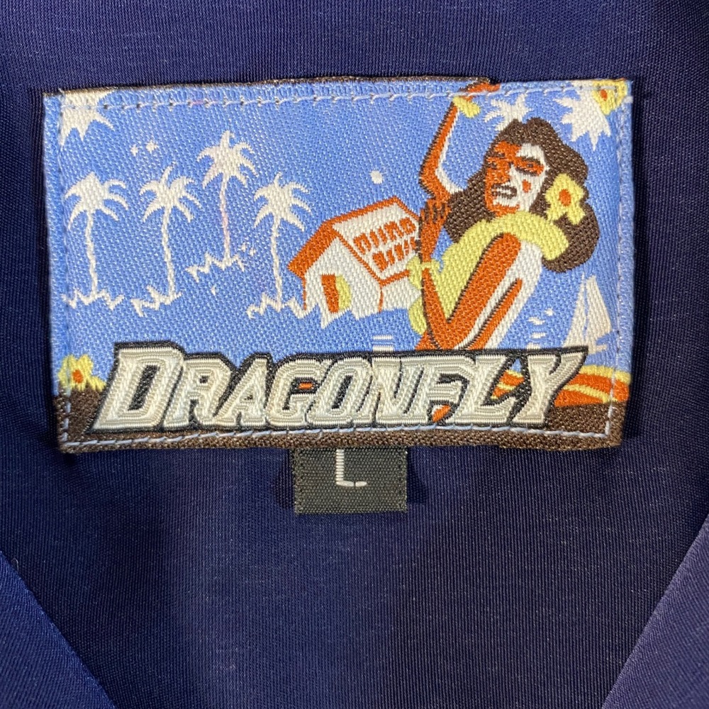 Dragonfly Mens Navy Blue Pin Up Girl Embroidered Bowling Shirt Floral Large - Picture 3 of 9